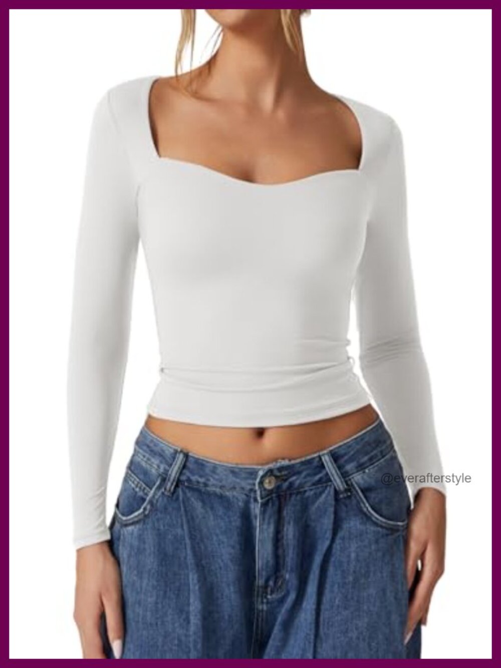 QINSEN Women's Slim Fit Sweetheart Neck Long Sleeve Crop Tee Stretch Going Out